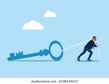 Businessman drag a big heavy key. Financial success. Business, Company. Modern vector illustration in flat style