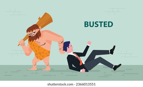 Businessman dragged by caveman for punishment due to breaking law, safety regulation