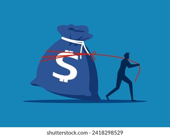 Businessman dragging bag of money. The concept of determination to earn money 