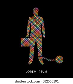 Businessman dragging with ball and chain designed using colorful pixels graphic vector.