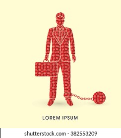 Businessman dragging with ball and chain designed using jigsaw graphic vector.