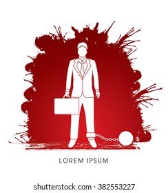 Businessman dragging with ball and chain designed on splash blood background graphic vector.