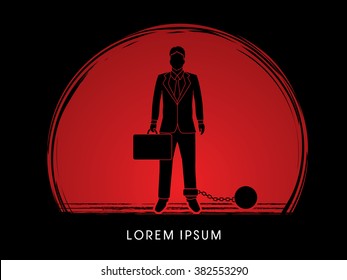 Businessman dragging with ball and chain designed on sunset background graphic vector.