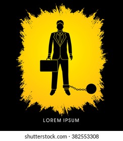 Businessman dragging with ball and chain designed on grunge frame background graphic vector.