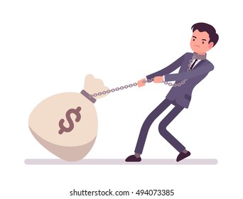 Businessman dragging a giant heavy money sack on a chain. Cartoon vector flat-style concept illustration