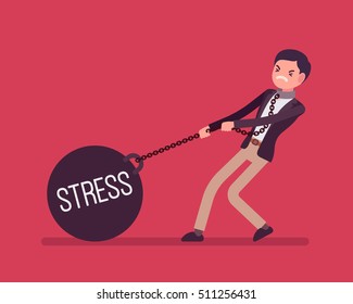 Businessman dragging a giant heavy weight on chain, written Stress on a ball. Cartoon vector flat-style concept illustration