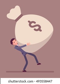 Businessman dragging a heavy giant money sack, tension on his face. Cartoon vector flat-style concept illustration