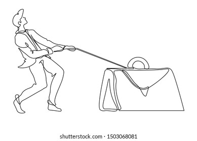 Businessman Dragging Huge Briefcase Lineart Isolated Outline Drawing Vector. Business And Hardship, Lawyer Man And Paperwork, Overworking And Working Load. Employee Pulling Bag, Male Character