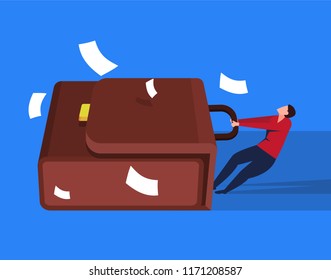 Businessman dragging a huge briefcase walking