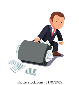 Businessman dragging huge heavy bloated briefcase full of papers and documents. Lawyer man paperwork and legal burden concept. Flat style vector illustration.
