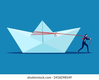 Businessman drags paper boat. Leading the business forward 