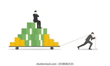 Un hombre de negocios arrastra un carro lleno de efectivo con un jefe sentado en la parte superior, el éxito en el crecimiento del negocio, la estrategia de ingresos y las ganancias financieras. Riqueza económica, objetivo de ingresos y ambicioso mercado de inversión.