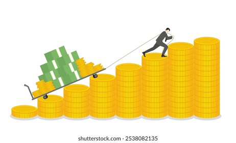 A businessman drags a trolley full of cash on coins graph rising, success in business growth, income strategy, and financial gain. Economic wealth, revenue goal, and ambitious investment in a market.