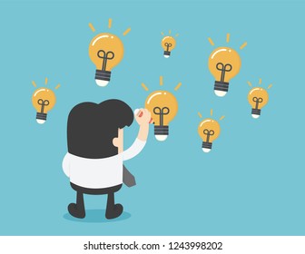 Businessman draw on virtual screen with idea light bulb icons flying over