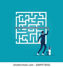 Businessman drawing arrow line breaking through the maze, solving business problem to success concept
