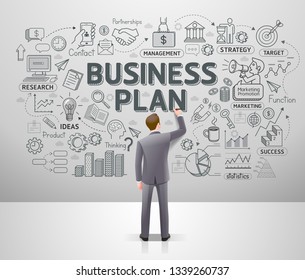 Businessman drawing business idea doodles on wall. Graphic vector illustrations.