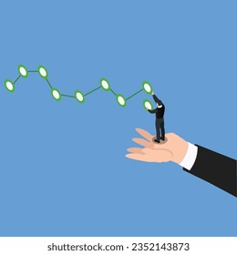 Businessman drawing chart standing on top of other businessman hand isometric 3d vector concept for banner, website, illustration, landing page, etc