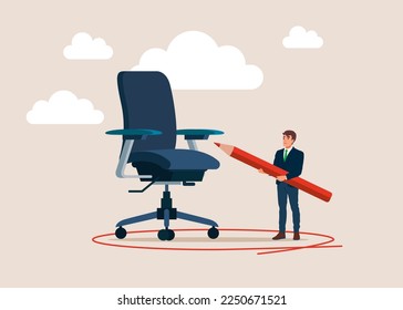 Empresario dibujando un círculo alrededor de su silla de oficina. Límite de trabajo, zona de confort. Ilustración vectorial plana.