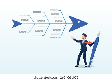 Businessman drawing fishbone diagram to analyse problem, fishbone diagram tool to analyse cause of problem, root cause analysis or finding solution to solve problem, analyse effect or impact concept