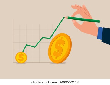 Businessman drawing graph of dollar price increase. Dollar price soaring sky high hit new high record concept. Flat vector illustration