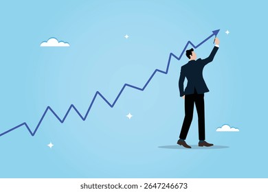 A businessman is drawing a graph of the financial growth of a business. Concept illustration of business growth or progress. Strategy ideas for achieving success.