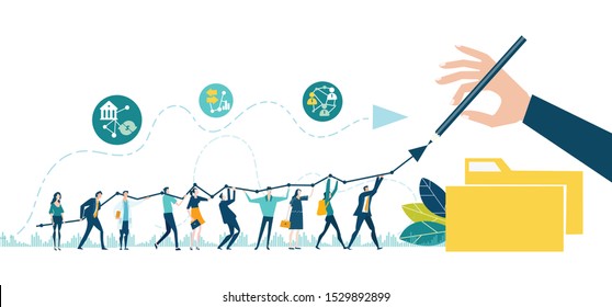 Businessman drawing the growth line, success, support and developing. Business people. team walking and holding the arrow. Business concept illustration. 