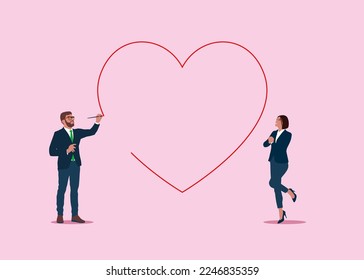 Businessman drawing heart, love in line shape. Cute outline doodle heart on pink background for valentine, wedding, vintage decoration. Flat vector illustration.