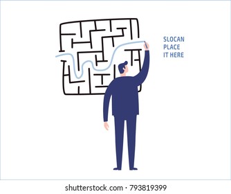 businessman drawing line through maze or labyrinth.
solution and success people business concept 
vector flat design illustration banner brochure marketing
isolated background