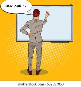 Businessman Drawing on the Whiteboard. Business Training. Pop Art vector illustration