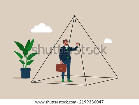 Businessman drawing pyramid around himself creating limits and borders. Set privacy zone, personal barrier to focus or work boundary, space to be with yourself.
