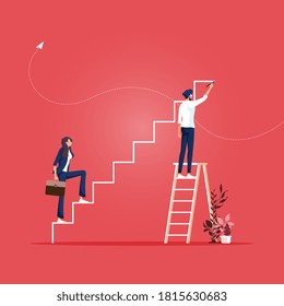 Businessman drawing steps and team climbing career ladder, Symbol of corporate ladder, job opportunity, achievement and teamwork