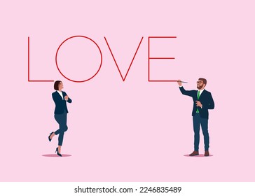 Businessman drawing word love, love in line shape. Cute outline doodle heart on pink background for valentine, wedding, vintage decoration. Modern flat vector illustration.