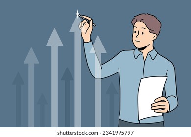 Businessman draws up arrow on virtual screen analyzing growth from company investment. Successful businessman demonstrating digital graph of fluctuation in profit or increase in number of buyers