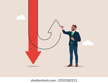 Businessman draws an arrow up. Red arrow goes down. Decision to change to better opportunity. Big hand draw new arrow of change direction. Flat vector illustration