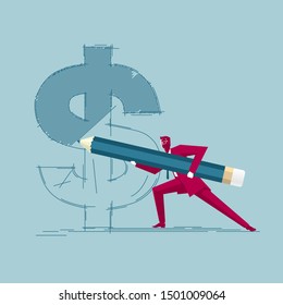 Businessman draws dollar sign. Isolated on blue background.