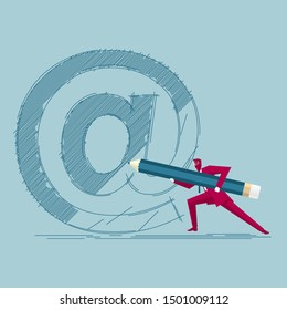 Businessman draws email symbol. Isolated on blue background.