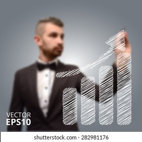Businessman draws a graph on a virtual background. Blur vector background.