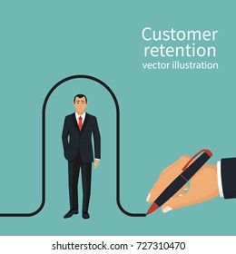 Businessman draws a line covering the client. Customer retention concept. Customer Care. Providing save customer loyalty. Vector illustration flat design. Isolated on white background. 