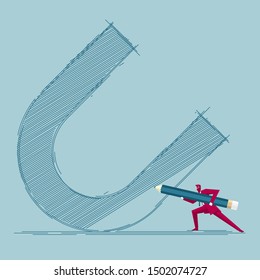 Businessman draws magnet. Isolated on blue background.