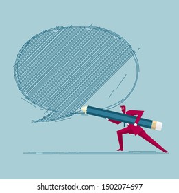 Businessman draws speech bubble. Isolated on blue background.