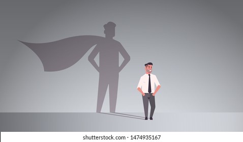 businessman dreaming about being super hero shadow of man with cape imagination aspiration concept male cartoon character standing pose full length flat horizontal