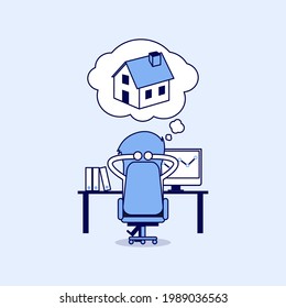 Businessman dreaming about house. Cartoon character thin line style vector.