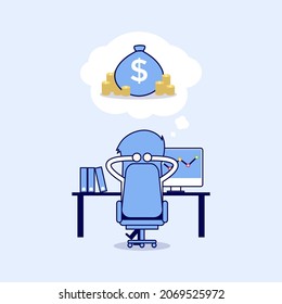 Businessman dreaming about money. Cartoon character thin line style vector.