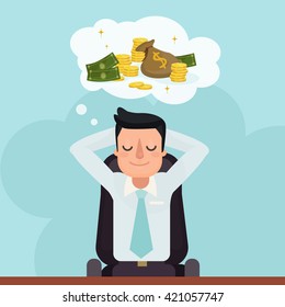 Businessman dreaming about money. Flat style vector illustration