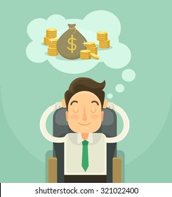 Businessman dreaming about money. Vector flat illustration