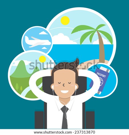 Businessman dreaming about vacation ,vector 