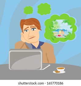 businessman dreaming of a romantic vacation with his woman