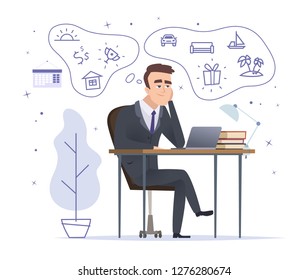 Businessman dreaming. Successful office manager sitting and thinking about house car and trophies vector cartoon character