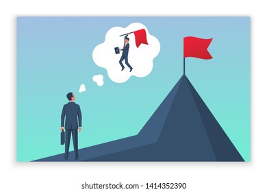 Businessman dreams of achieving goal. Human hold red flag on top of mountain. Business concept. Enjoys victory. Achievements in work. Vector illustration flat design. Isolated on white background.