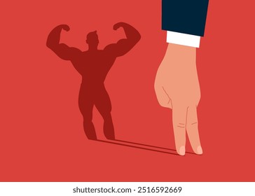 Businessman dreams of becoming a bodybuilding. Arm standing bodybuilding shadow concept illustration.